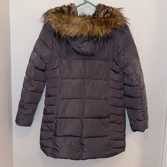 Cole Haan Faux Fur Trim Gray Hooded Puffer Coat - Picture 4 of 8